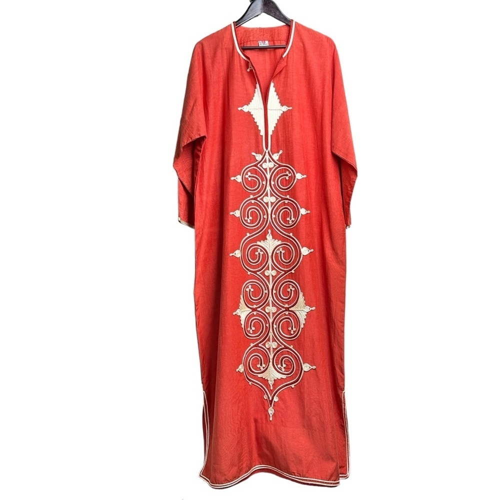 El Abadi Size XL Caftan Brick Red Ornate Embroidered Cotton Tunic Desert Prayer